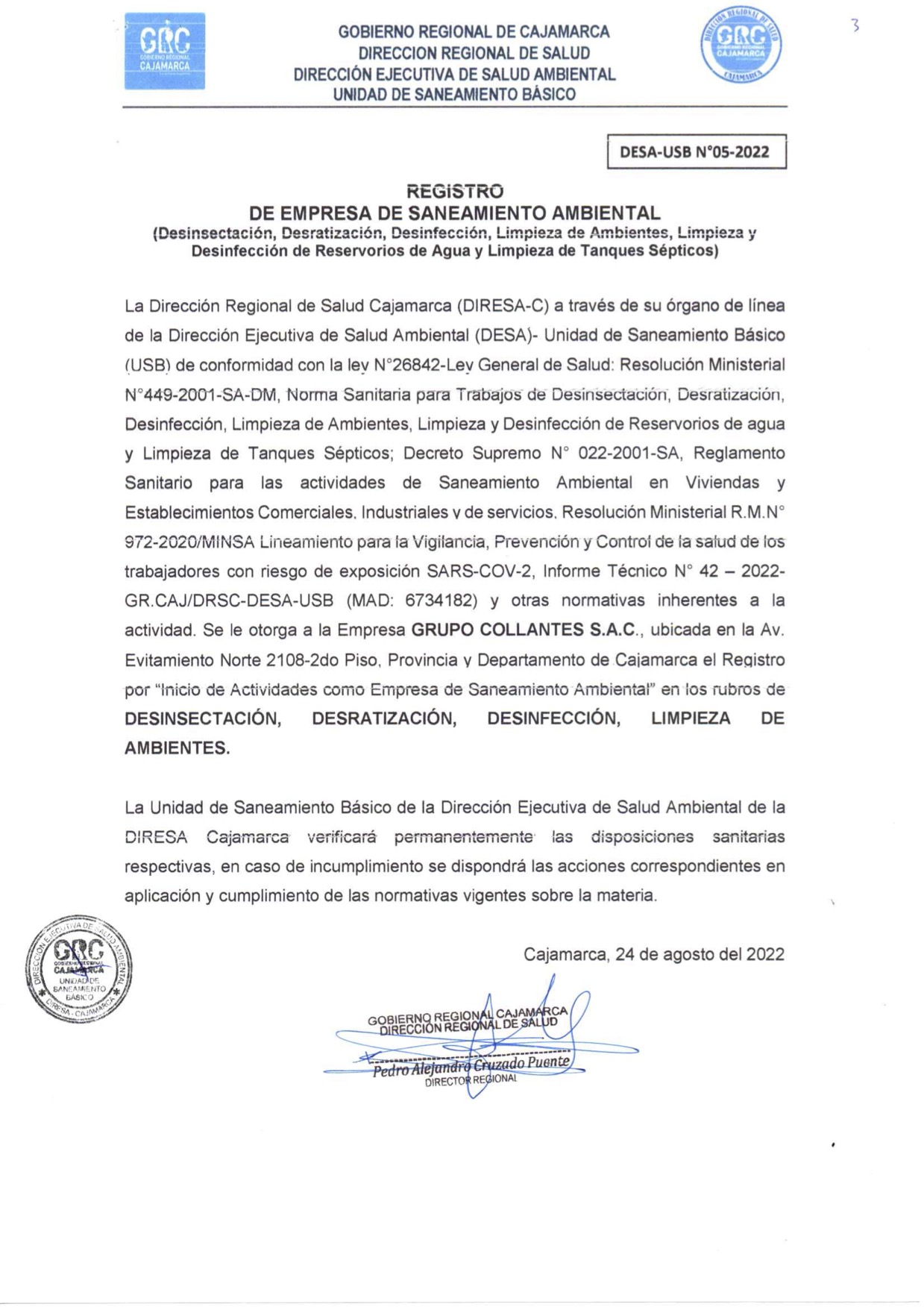 Certificado de Saneamiento Ambiental DIGESA