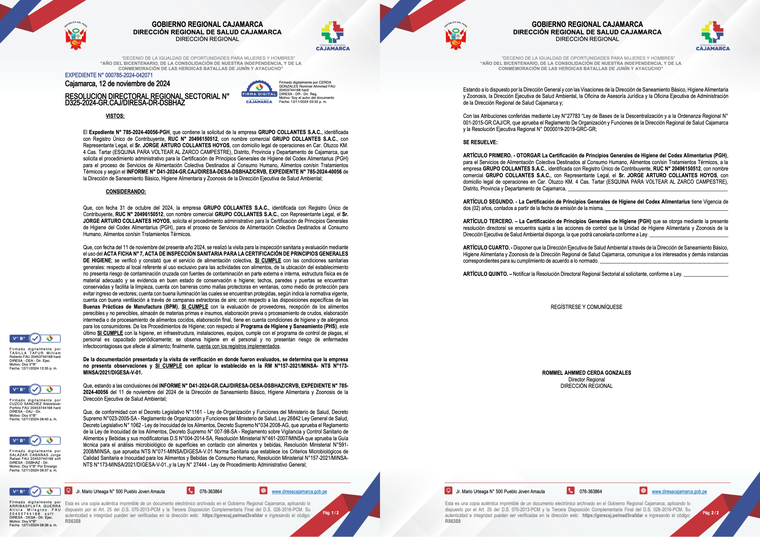 Certificado de Principios Generales de Higiene del Codex Alimentarius